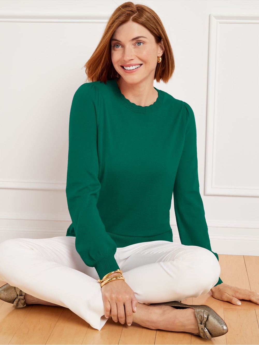 NWT Talbots Lightweight Scallop Trim Pullover Crewneck Sweater Green Size M